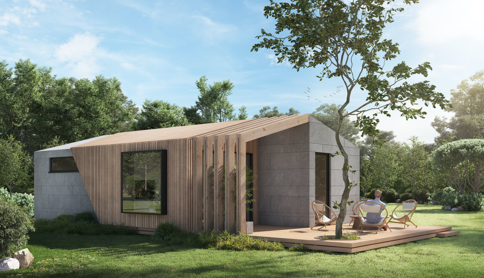 Render de moradia modular LEANOV alongada em madeira