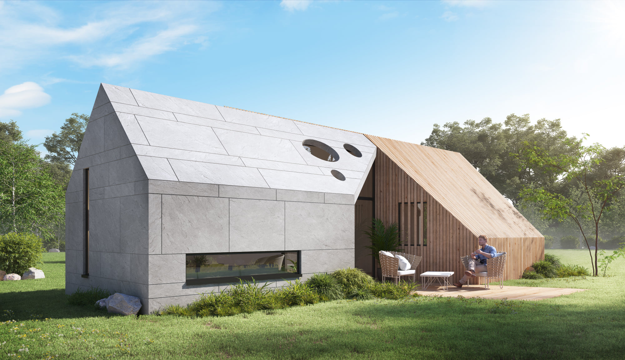 Modelo de moradia modular LEANOV em pedra e madeira